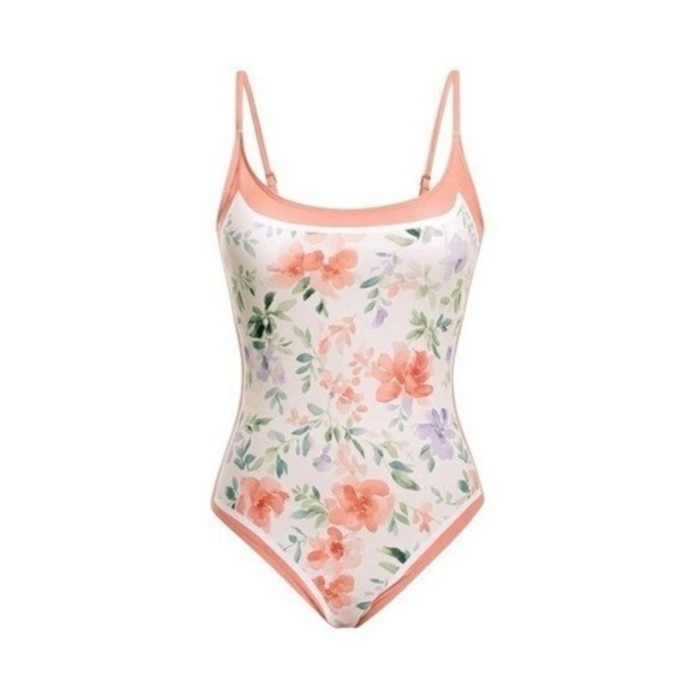 Delicate Floral One Piece Swimsuit Off White Peach Detail Adjustable Straps Padd